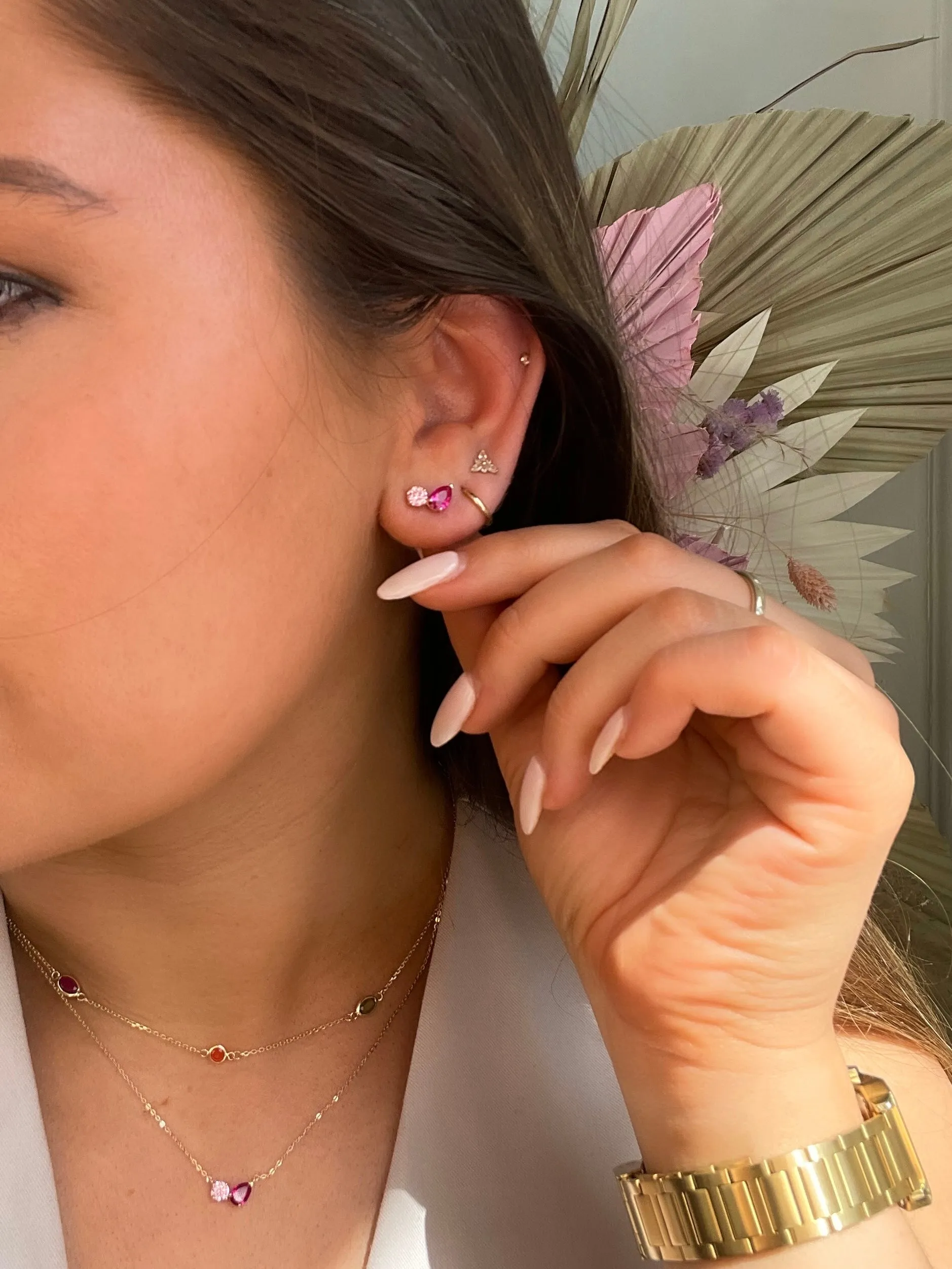 9ct Yellow Gold Toi Et Moi Ruby And Pink Cz Earrings