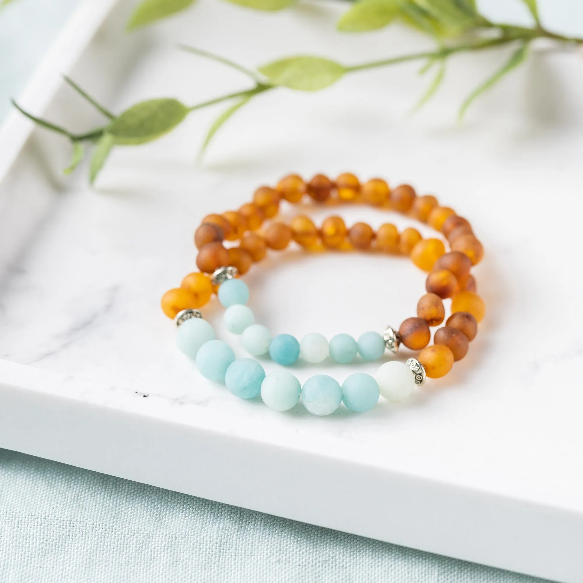Adults | Amazonite   Raw Cognac Amber Bracelet