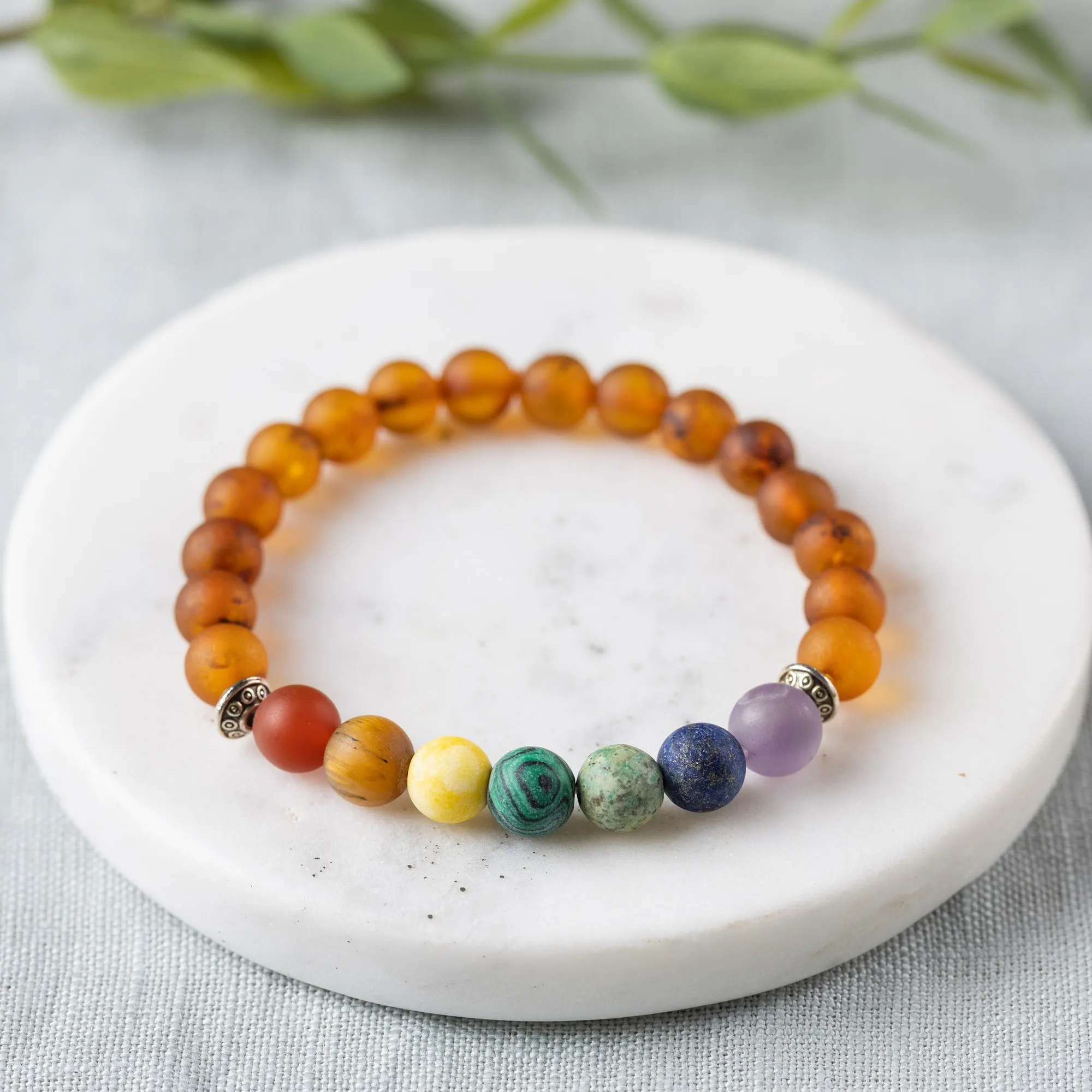 Adults | Rainbow Chakra   Raw Cognac Amber Bracelet