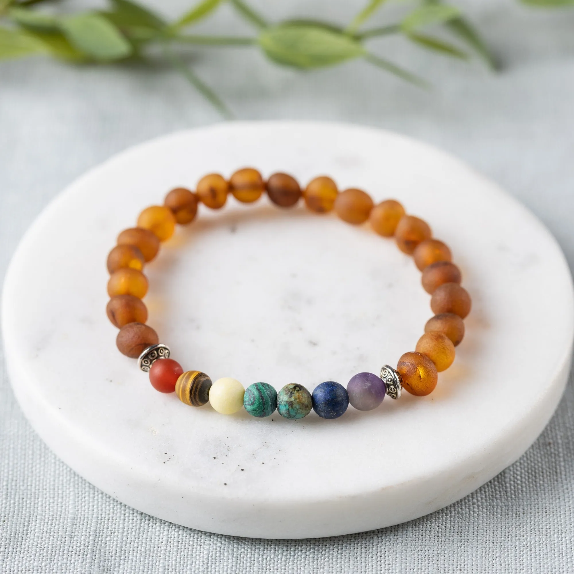 Adults | Rainbow Chakra   Raw Cognac Amber Bracelet