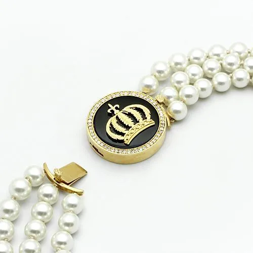 Alamode Gold Brass Necklace with Semi-Precious Onyx in Jet