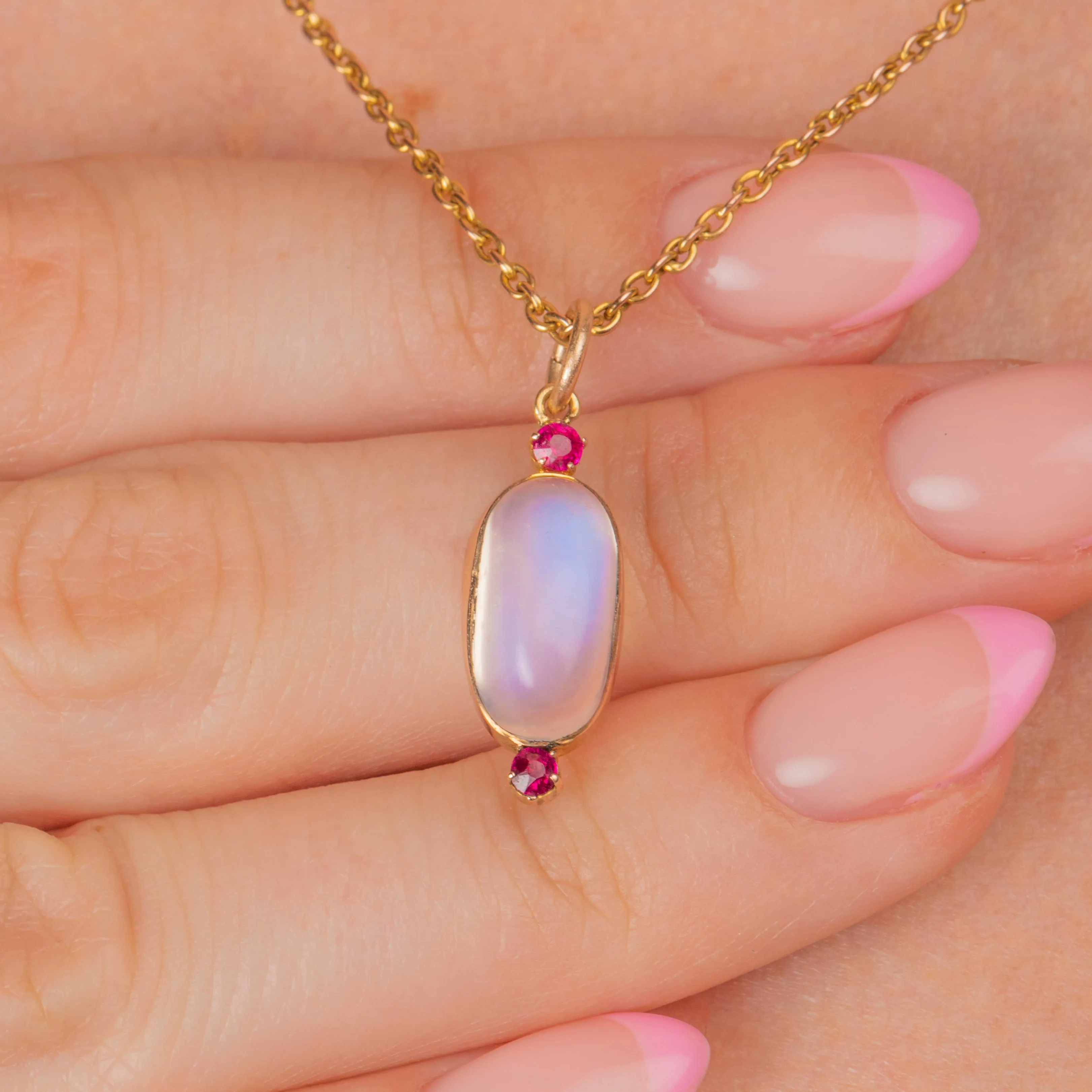 Antique 9ct Gold Ceylon Moonstone Charm, Ruby Accents