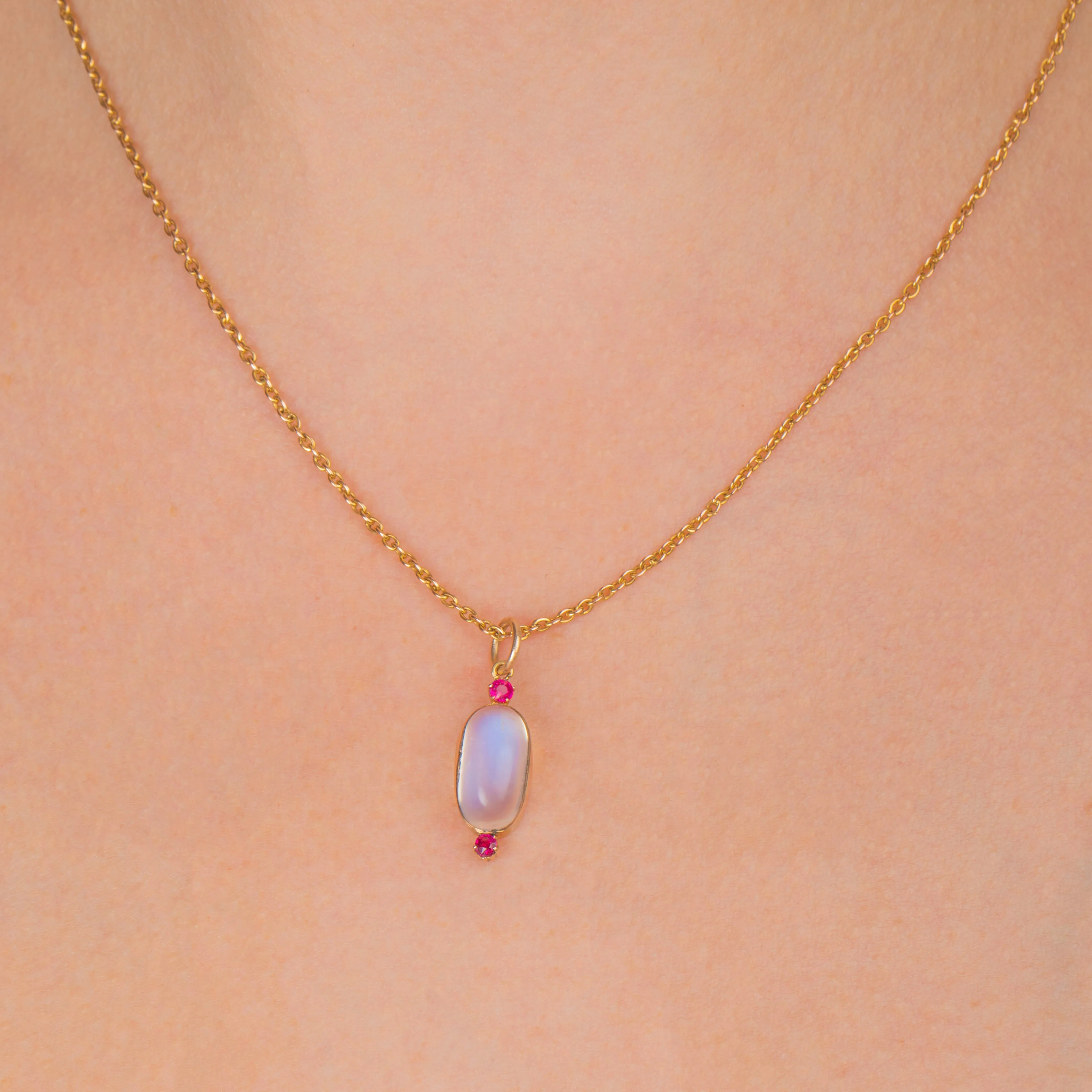 Antique 9ct Gold Ceylon Moonstone Charm, Ruby Accents