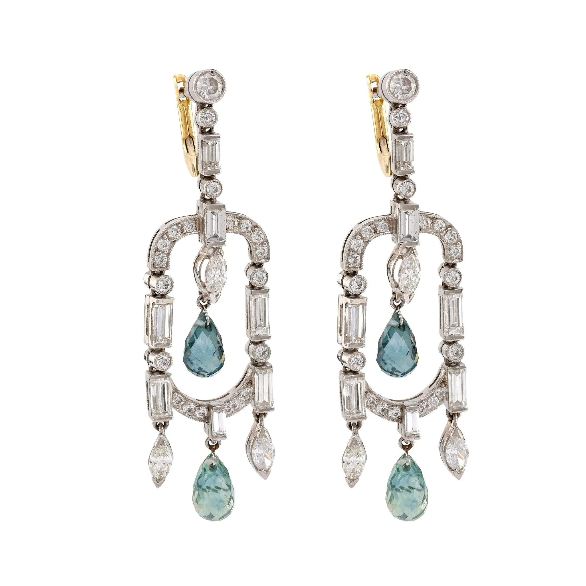 Art Deco Inspired Aquamarine Diamond Platinum Chandelier Earrings