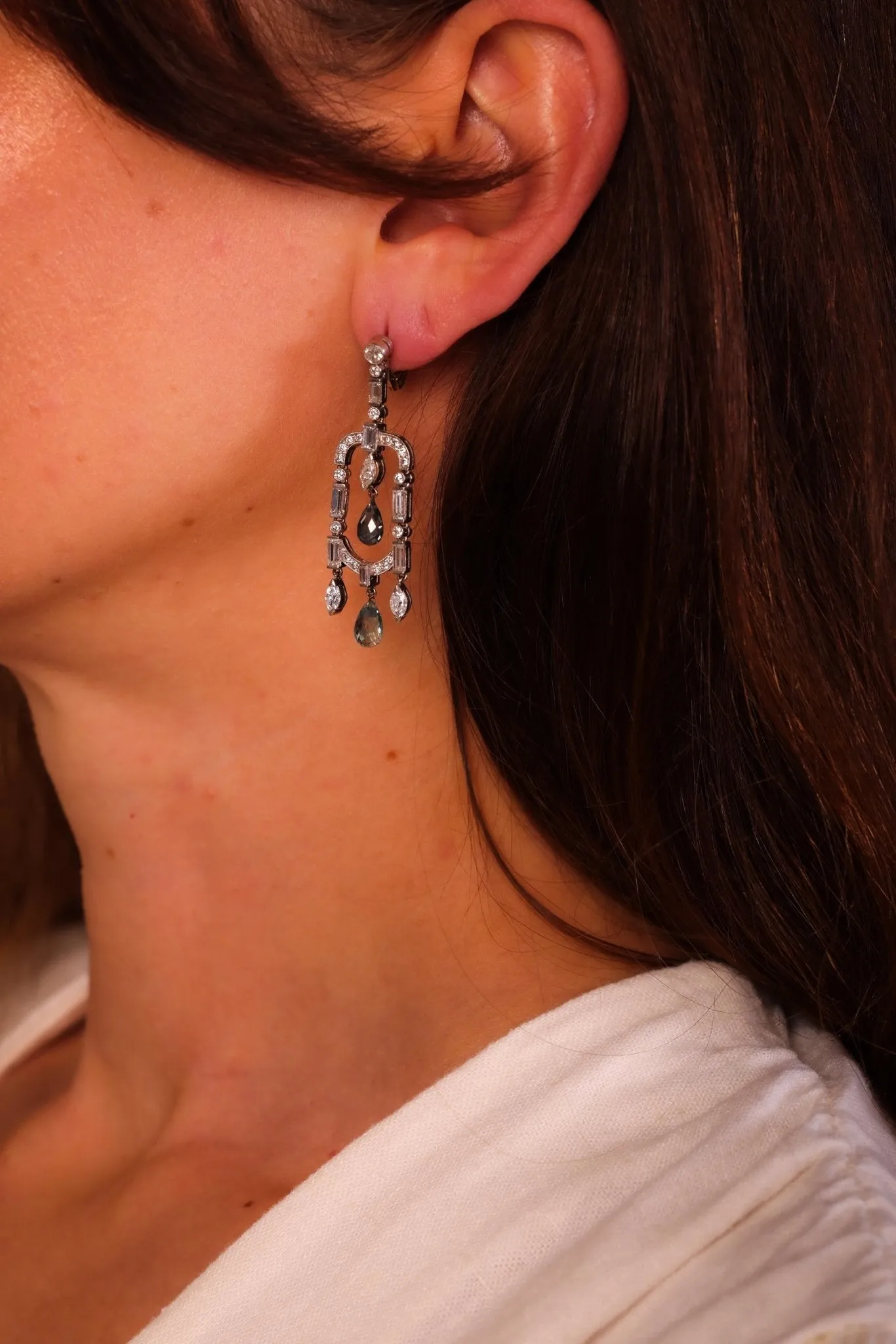 Art Deco Inspired Aquamarine Diamond Platinum Chandelier Earrings
