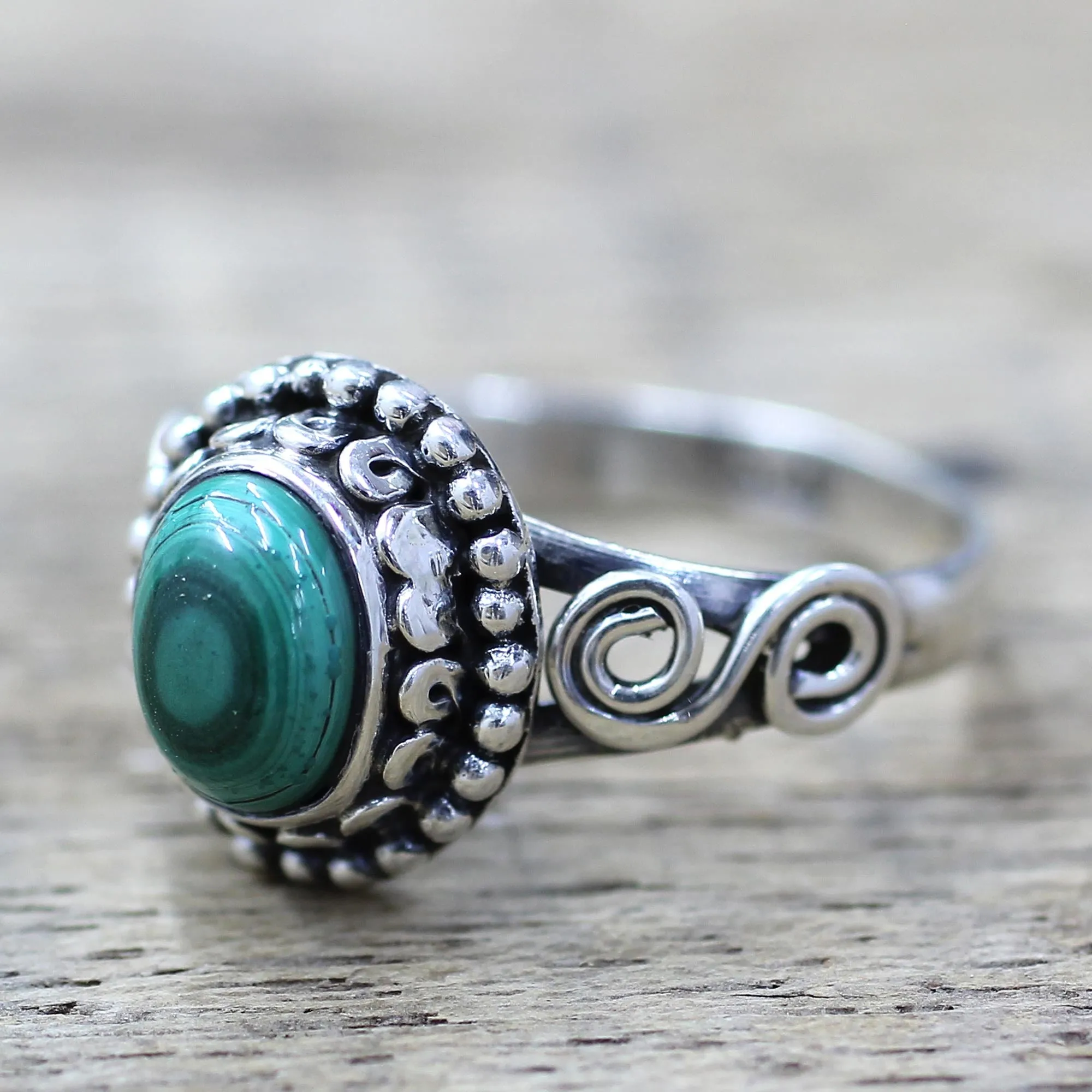 Artisan Designed Sterling Silver and Malachite Cocktail Ring - Hypnotic Forest | NOVICA