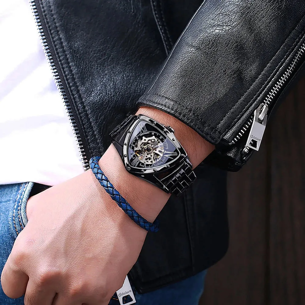 Aviator DUNCOUGAR Man's Luxury Wrist Sport Black Triangle Skeleton Watch Automatic Design Movement Waterproof