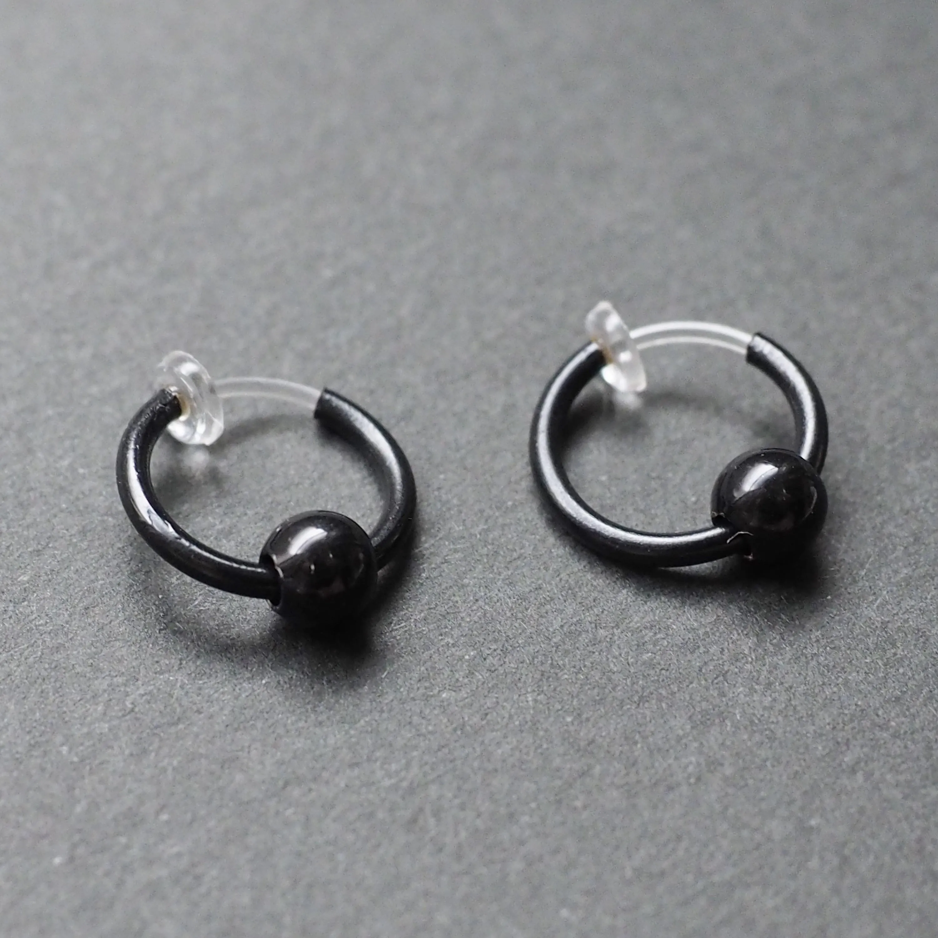 Black Ball Invisible Clip On Hoop Earrings