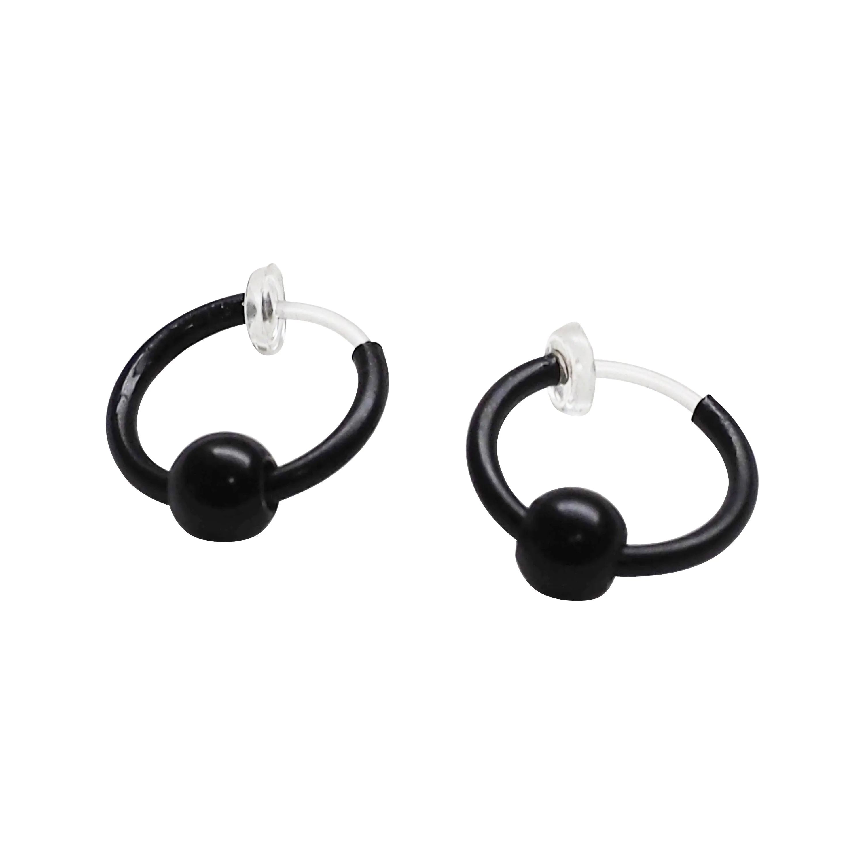 Black Ball Invisible Clip On Hoop Earrings
