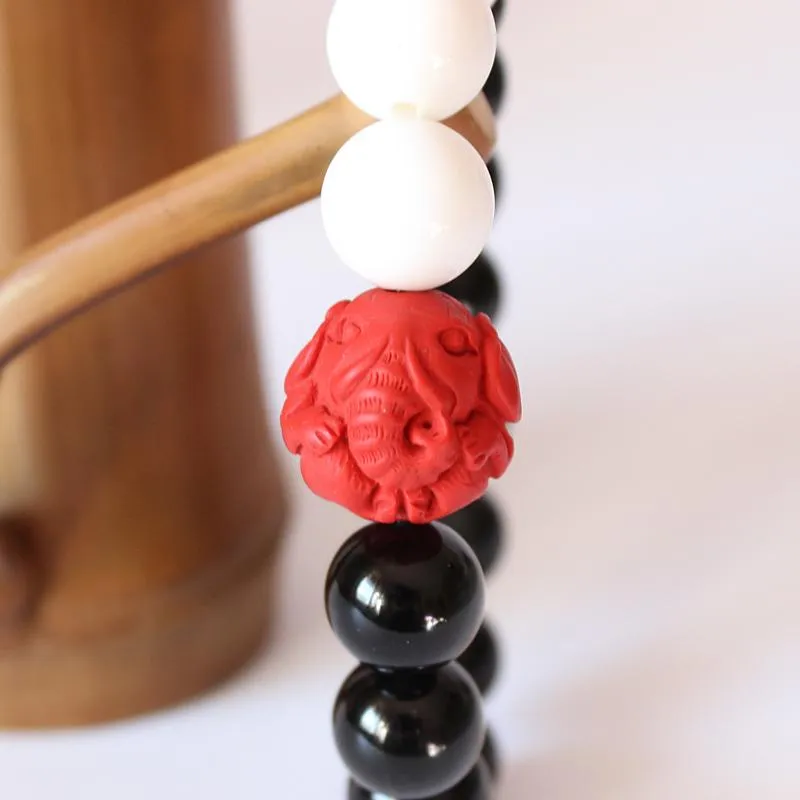 Black Obsidian Mother Of Pearl Red Cinnabar Carved Elephant Bracelet