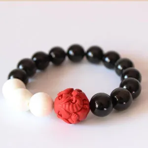 Black Obsidian Mother Of Pearl Red Cinnabar Carved Elephant Bracelet
