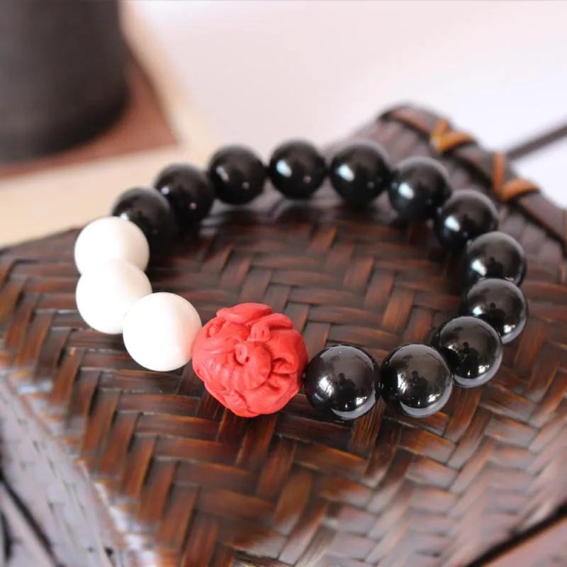 Black Obsidian Mother Of Pearl Red Cinnabar Carved Elephant Bracelet