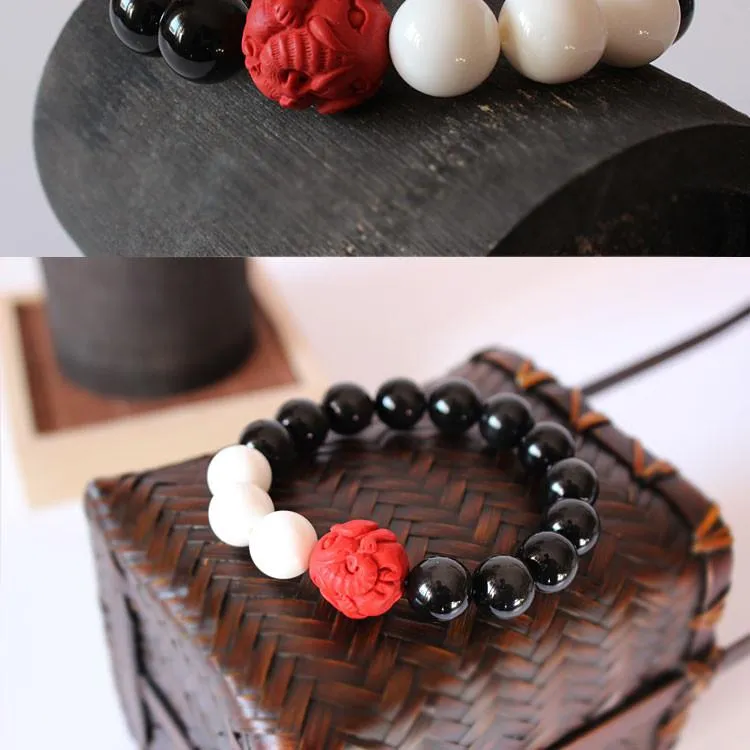 Black Obsidian Mother Of Pearl Red Cinnabar Carved Elephant Bracelet