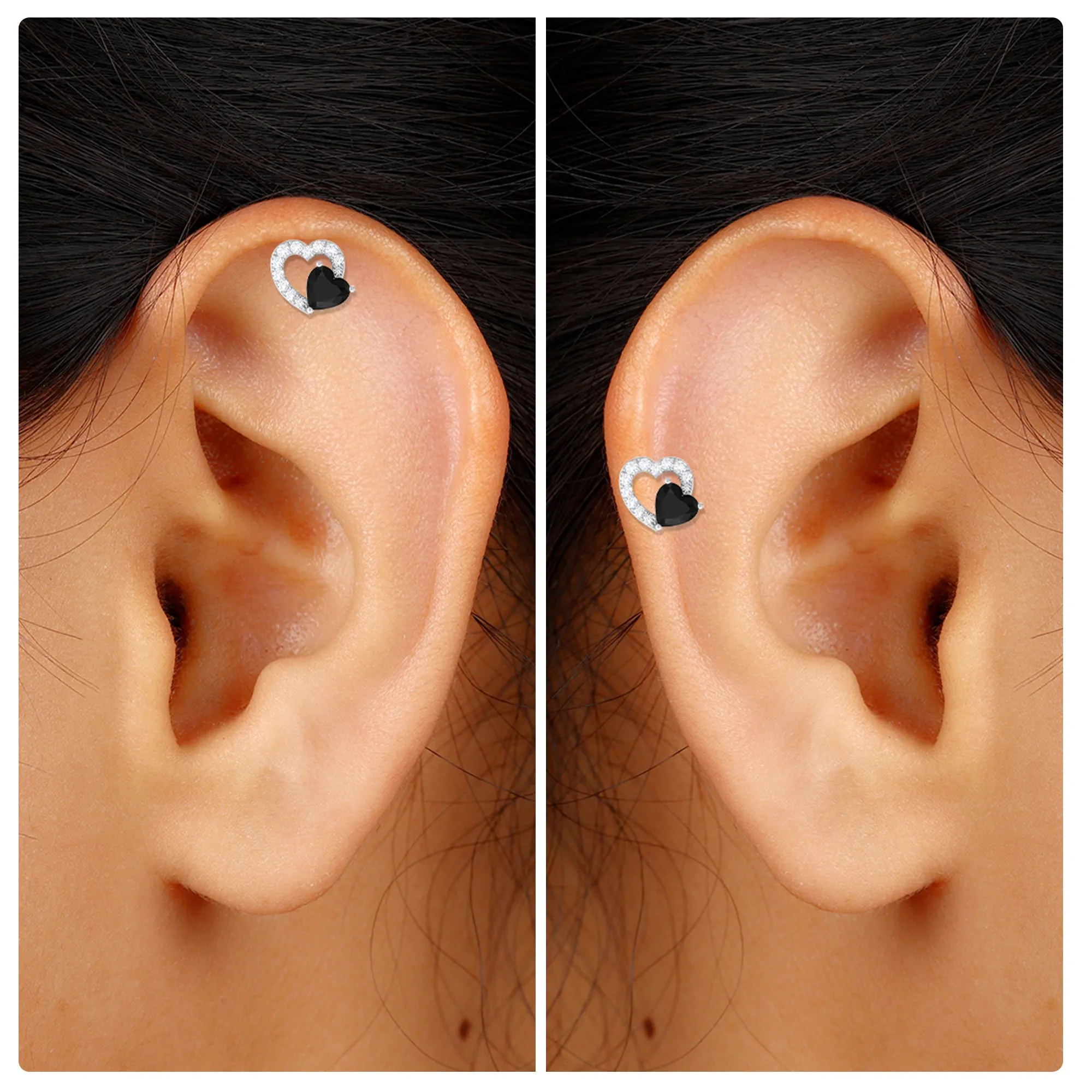 Black Onyx and Moissanite Heart Helix Earring in Gold