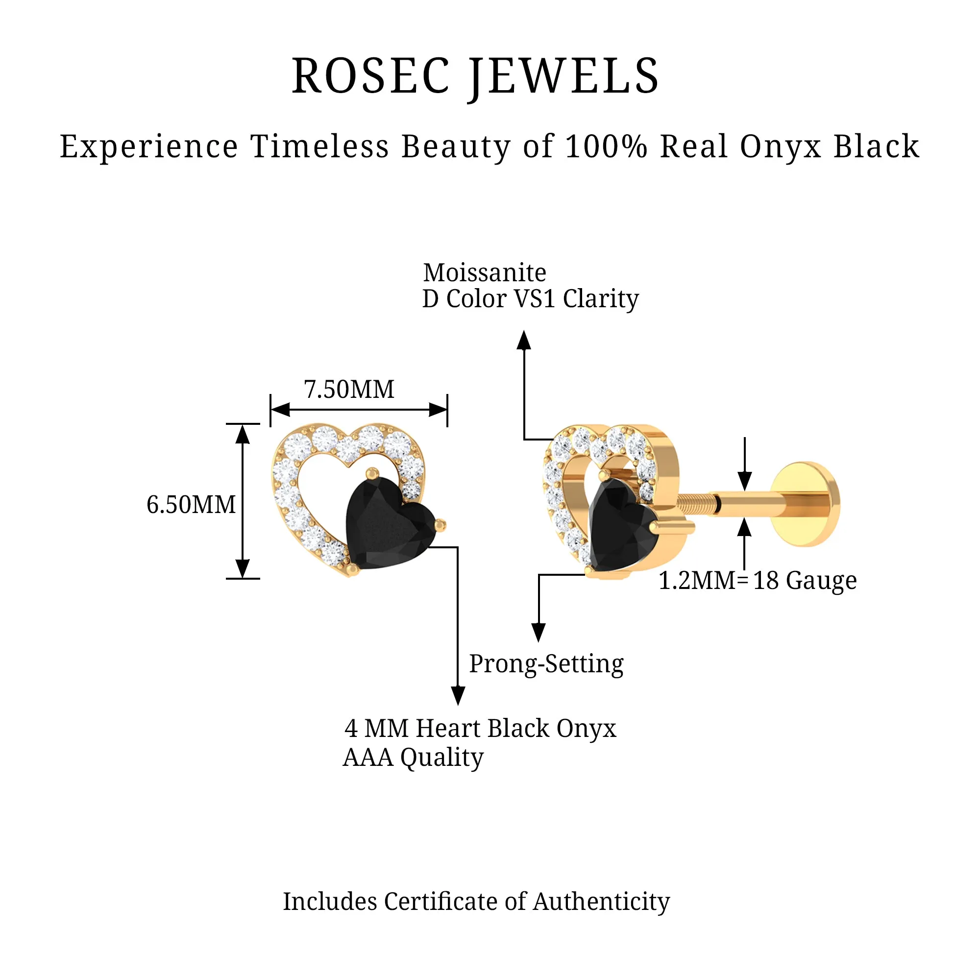 Black Onyx and Moissanite Heart Helix Earring in Gold