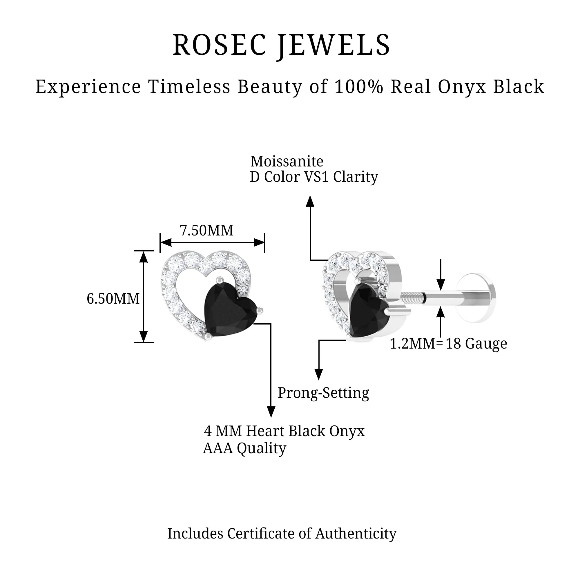 Black Onyx and Moissanite Heart Helix Earring in Gold