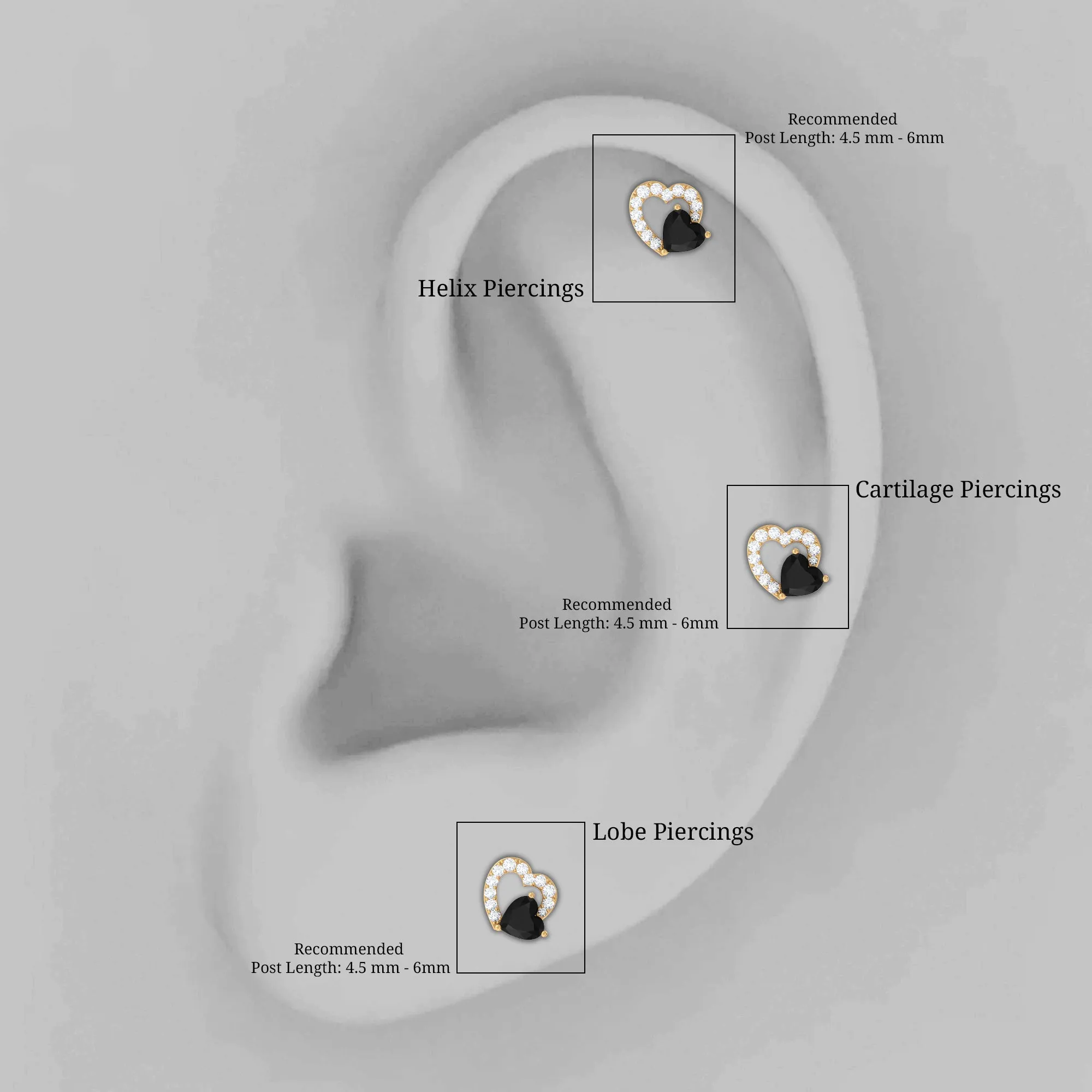Black Onyx and Moissanite Heart Helix Earring in Gold