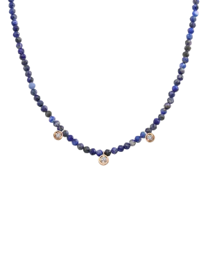 Blue Lapis Gemstone & Three diamonds Necklace - 14K Rose Gold