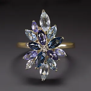 BLUE PURPLE GEMSTONE DIAMOND COCKTAIL RING YELLOW GOLD SAPPHIRE AQUAMARINE BIG