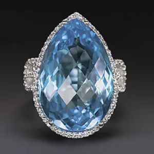 BLUE TOPAZ DIAMOND COCKTAIL RING BIG STATEMENT 18k WHITE GOLD PEAR SHAPE NATURAL