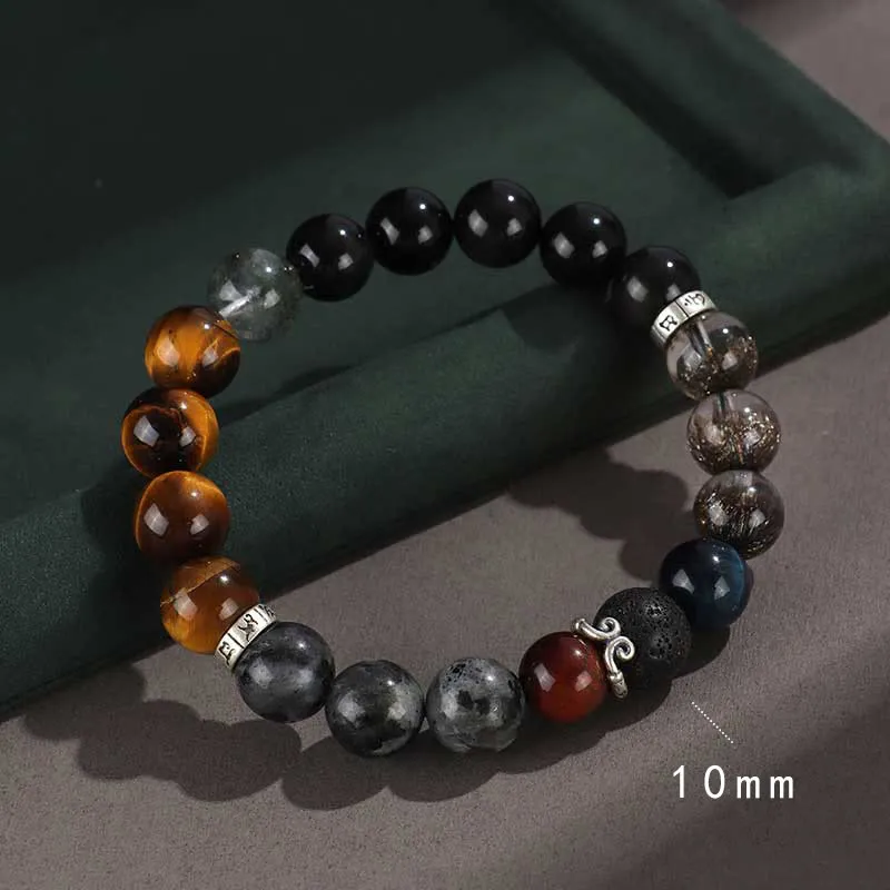 Buddha Stones 925 Sterling Silver Black Onyx Gold Sheen Obsidian Lava Rock Tiger Eye Six True Words Wealth Protection Bracelet