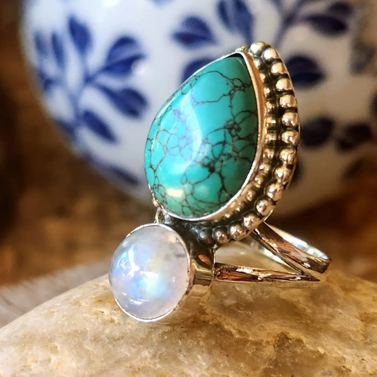 CALM MOON - MOONSTONE & TURQUOISE 925 BOHO RING