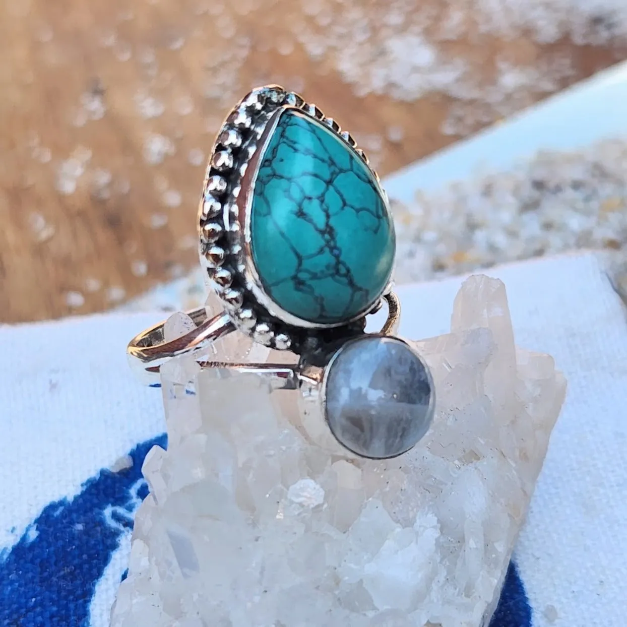 CALM MOON - MOONSTONE & TURQUOISE 925 BOHO RING