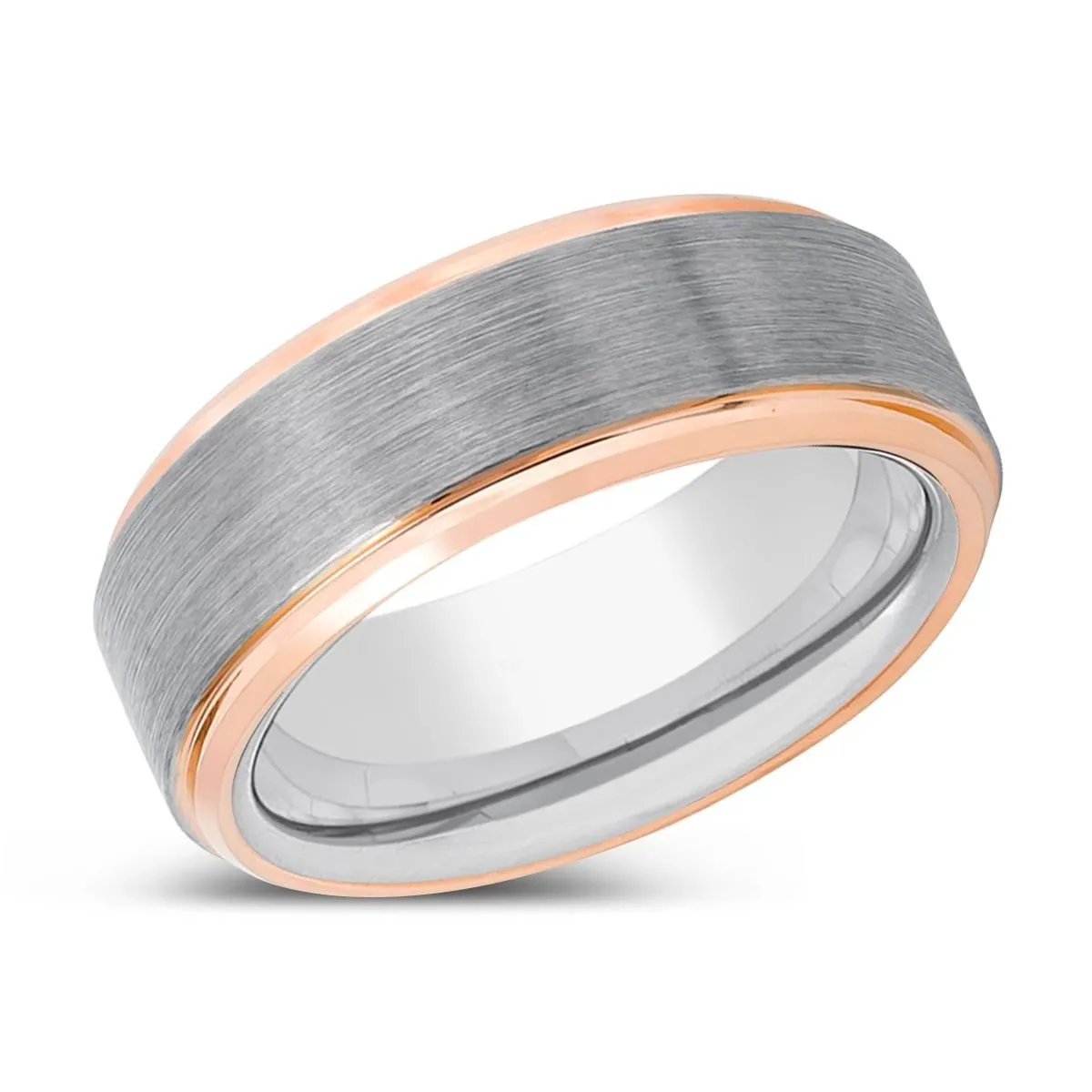 CHARISMA | Silver Ring, Silver Tungsten Ring, Brushed, Rose Gold Stepped Edge