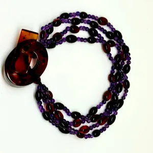 Cherry Color Baltic Amber and Amethyst Beaded Bracelet