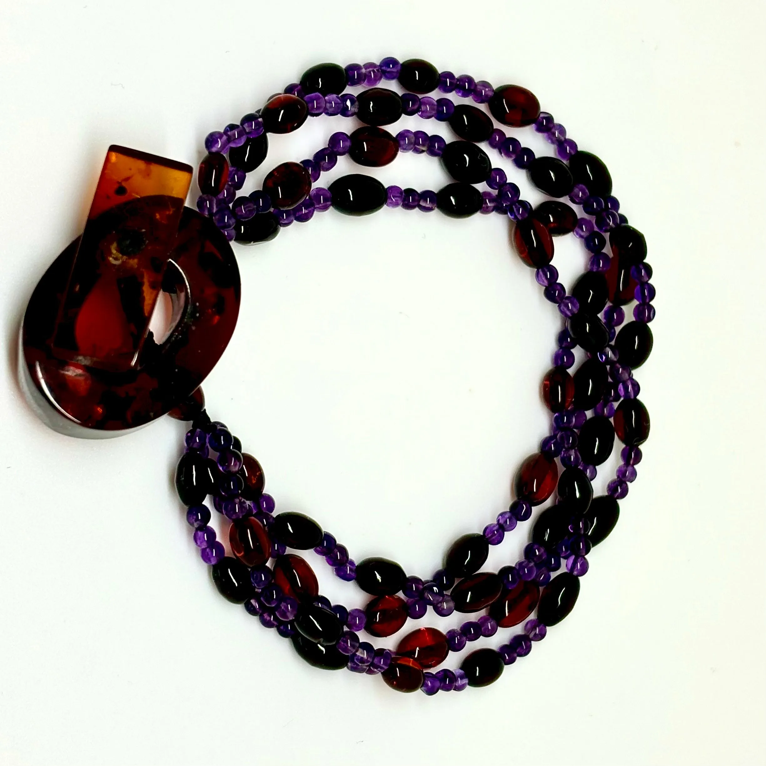 Cherry Color Baltic Amber and Amethyst Beaded Bracelet