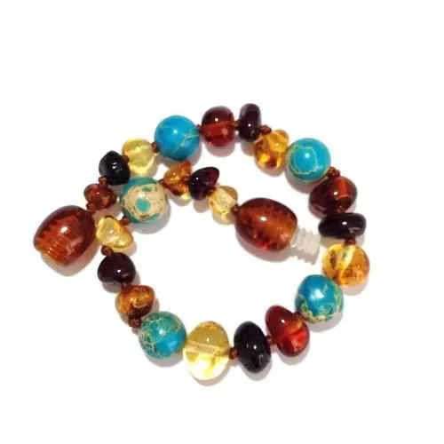 Child Autumn Rain Jasper and Rainbow Baltic Amber Anklet Bracelet