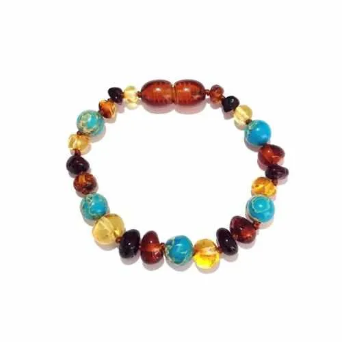 Child Autumn Rain Jasper and Rainbow Baltic Amber Anklet Bracelet