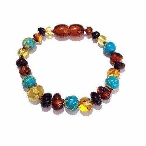 Child Autumn Rain Jasper and Rainbow Baltic Amber Anklet Bracelet