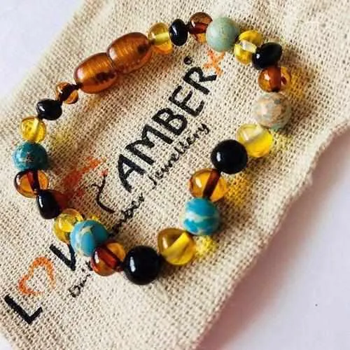 Child Autumn Rain Jasper and Rainbow Baltic Amber Anklet Bracelet
