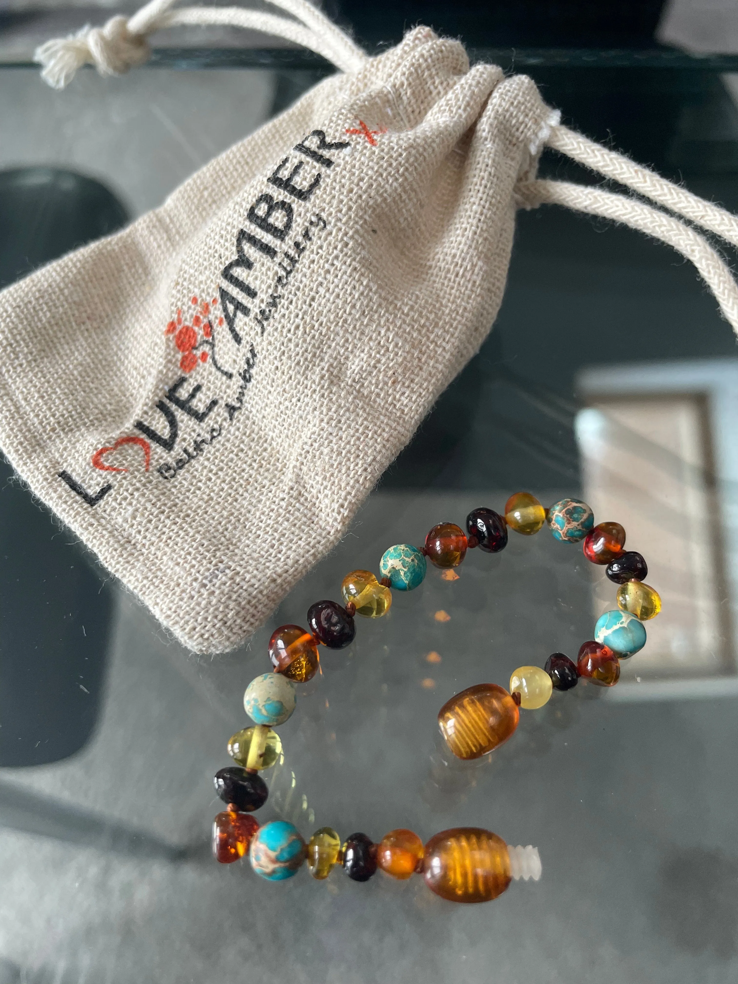 Child Autumn Rain Jasper and Rainbow Baltic Amber Anklet Bracelet