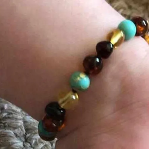 Child Autumn Rain Jasper and Rainbow Baltic Amber Anklet Bracelet