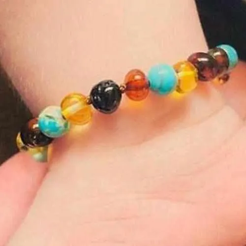 Child Autumn Rain Jasper and Rainbow Baltic Amber Anklet Bracelet