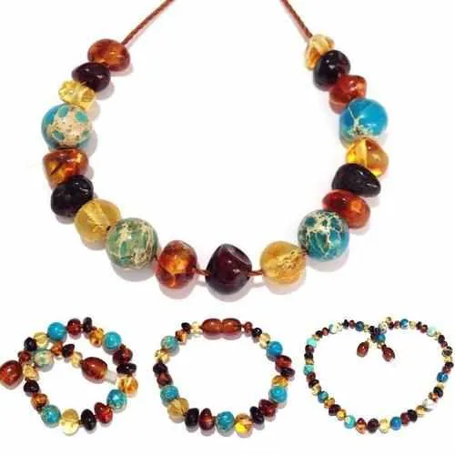 Child Autumn Rain Jasper and Rainbow Baltic Amber Anklet Bracelet
