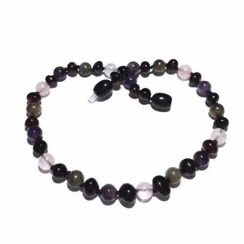 Childs Gaia Black Cherry Baltic Amber Amethyst Rose Quartz Labradorite Gemstone Necklace