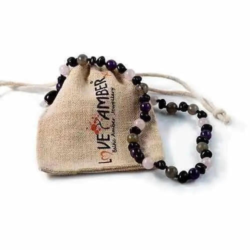 Childs Gaia Black Cherry Baltic Amber Amethyst Rose Quartz Labradorite Gemstone Necklace