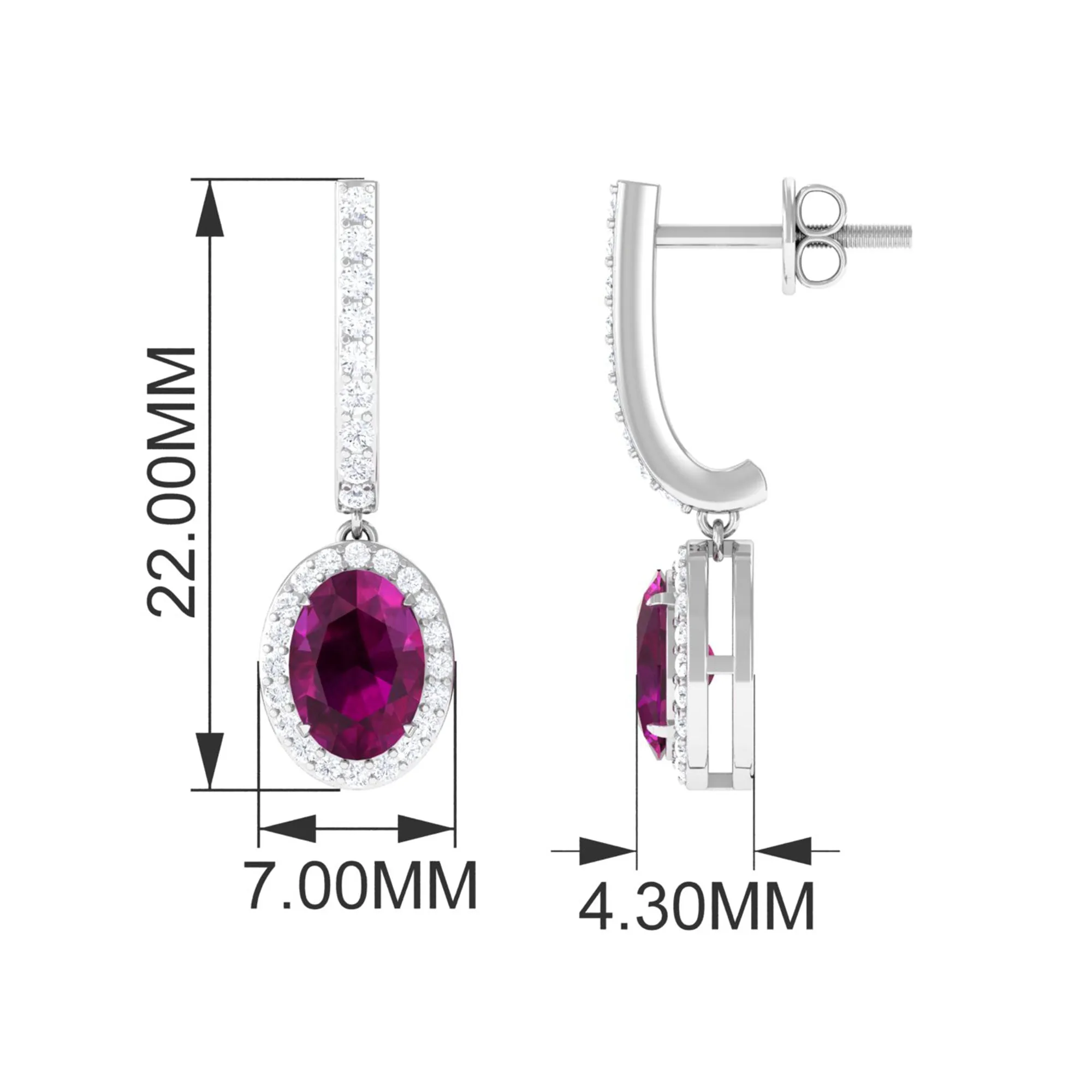 Classic Oval Rhodolite Hoop Drop Earrings with Diamond Halo