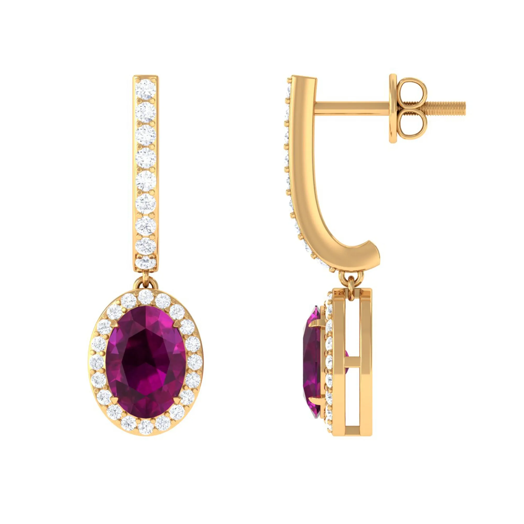 Classic Oval Rhodolite Hoop Drop Earrings with Diamond Halo