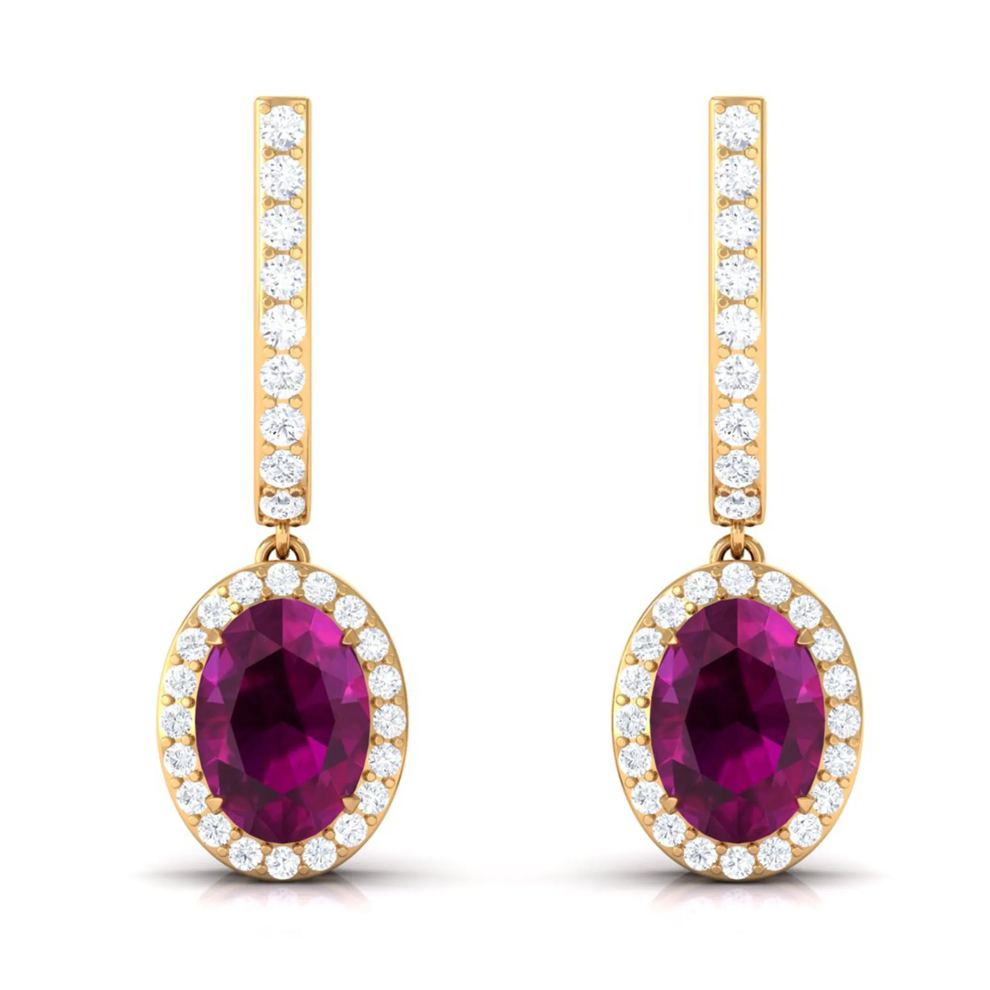 Classic Oval Rhodolite Hoop Drop Earrings with Diamond Halo