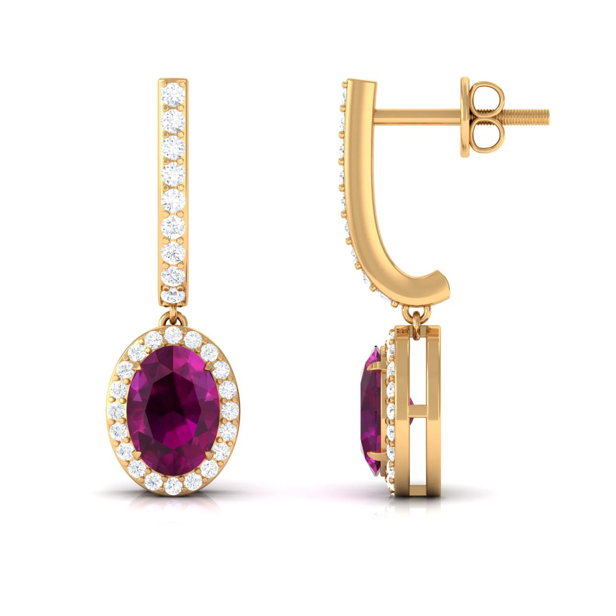 Classic Oval Rhodolite Hoop Drop Earrings with Diamond Halo