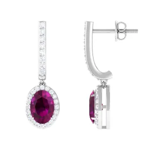Classic Oval Rhodolite Hoop Drop Earrings with Diamond Halo