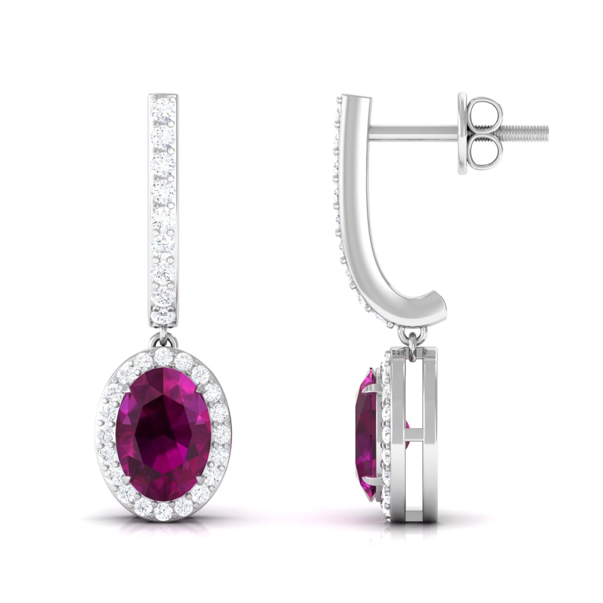 Classic Oval Rhodolite Hoop Drop Earrings with Diamond Halo