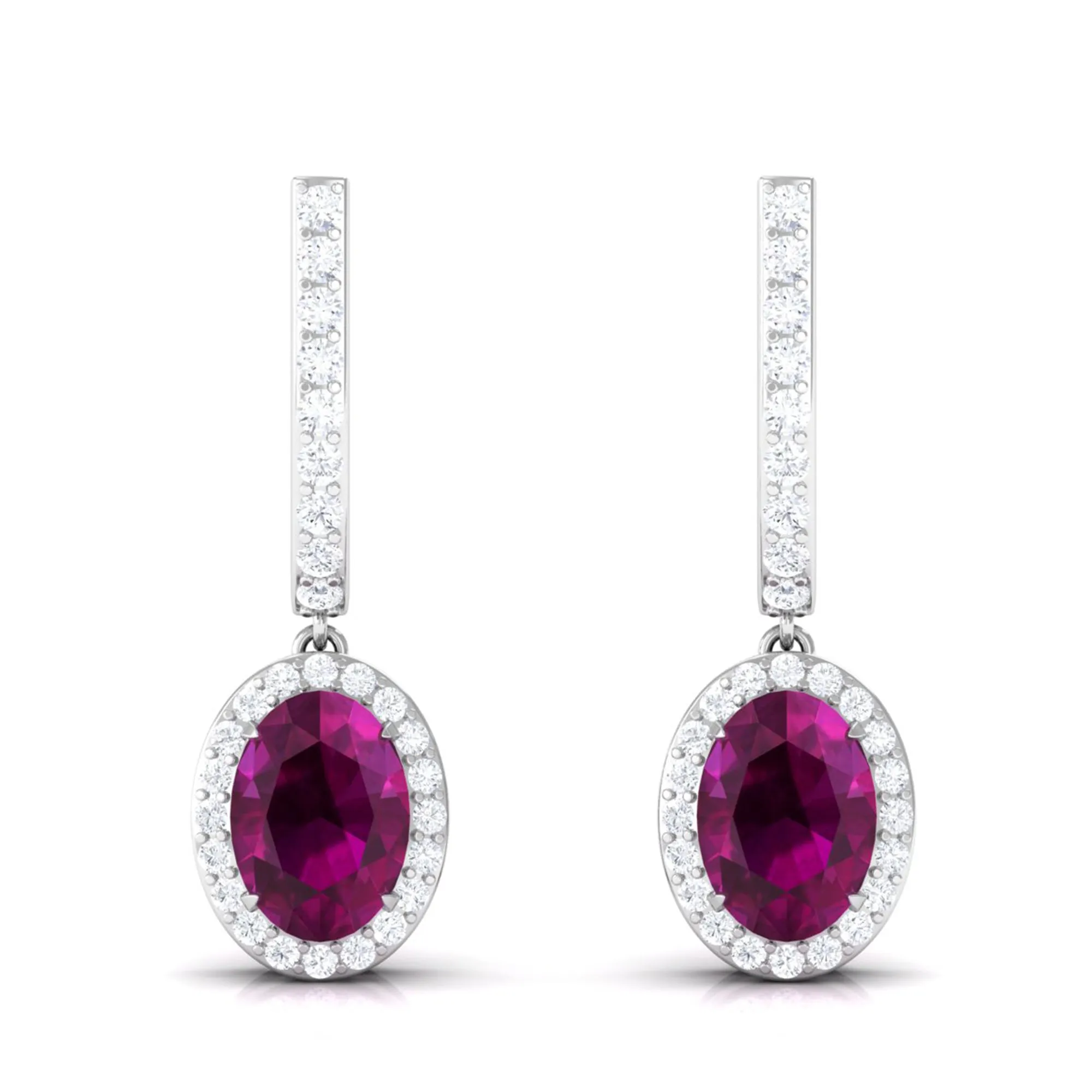 Classic Oval Rhodolite Hoop Drop Earrings with Diamond Halo