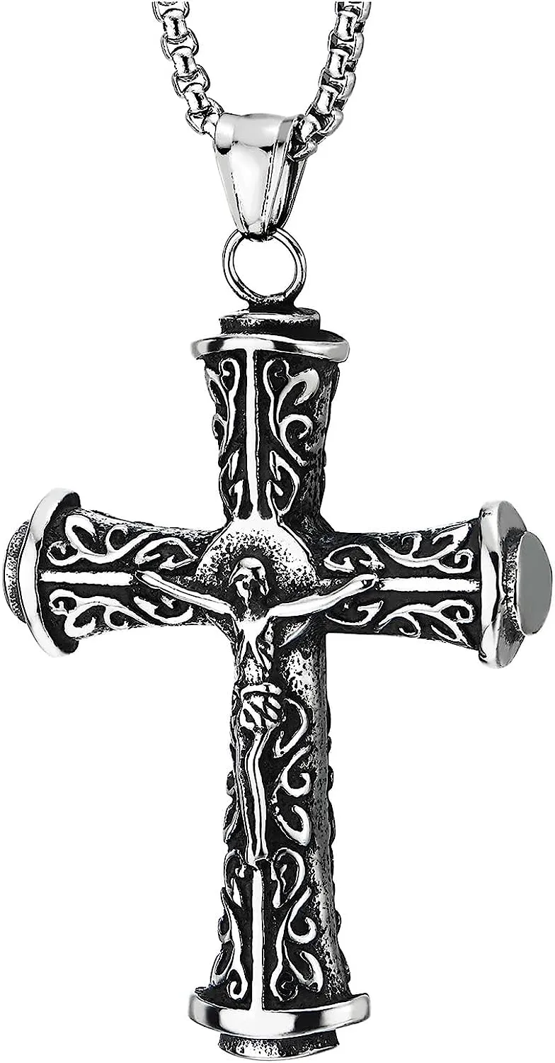 COOLSTEELANDBEYOND Filigree Crucifix Cross Jesus Christ Pendant Necklace for Men, Stainless Steel Vintage 30 Inch Chain