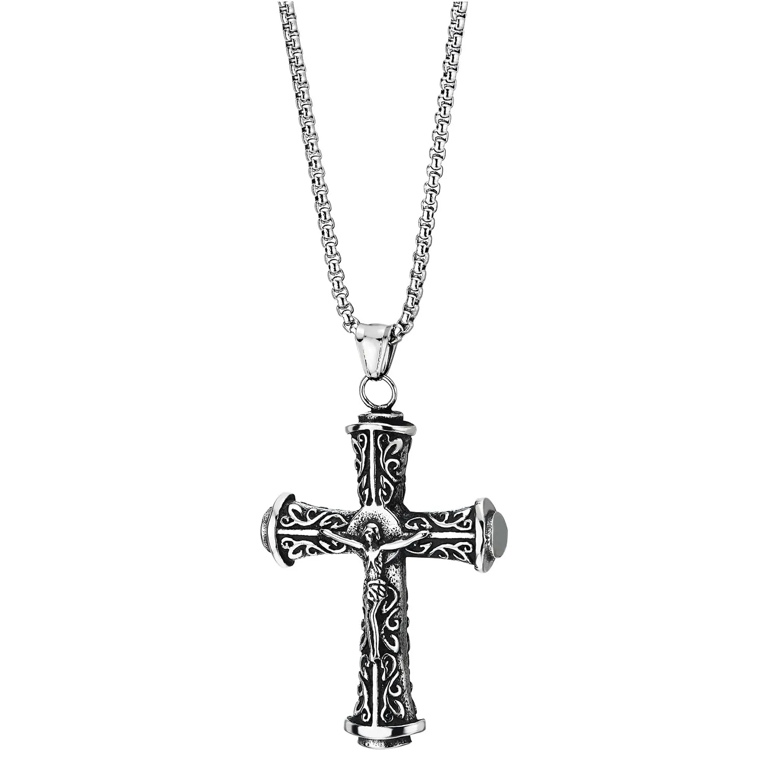 COOLSTEELANDBEYOND Filigree Crucifix Cross Jesus Christ Pendant Necklace for Men, Stainless Steel Vintage 30 Inch Chain