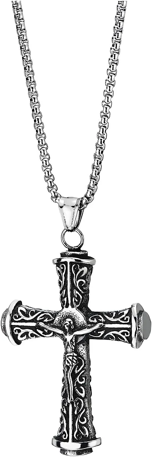 COOLSTEELANDBEYOND Filigree Crucifix Cross Jesus Christ Pendant Necklace for Men, Stainless Steel Vintage 30 Inch Chain